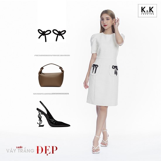 Đầm chữ A trắng cổ tròn hai túi phối nơ HL14-08