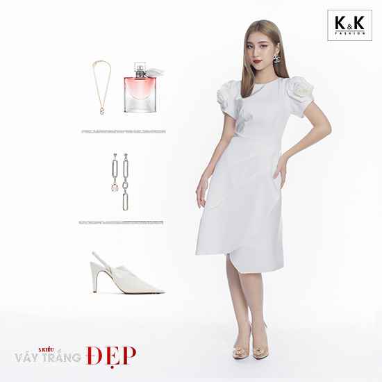 Đầm trắng tùng váy đắp chéo tay phối nơ KK99-31