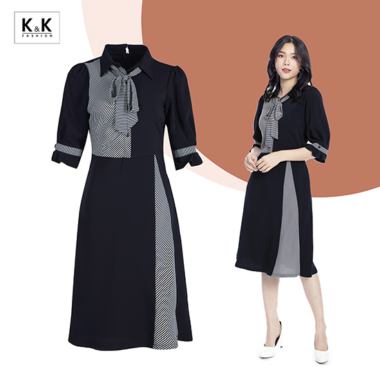Đầm sơ mi xòe phối nơ kẻ sọc KK100-40