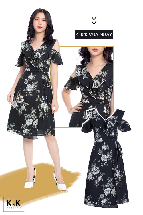 Váy hoa trễ vai cổ V viền bèo KK99-22