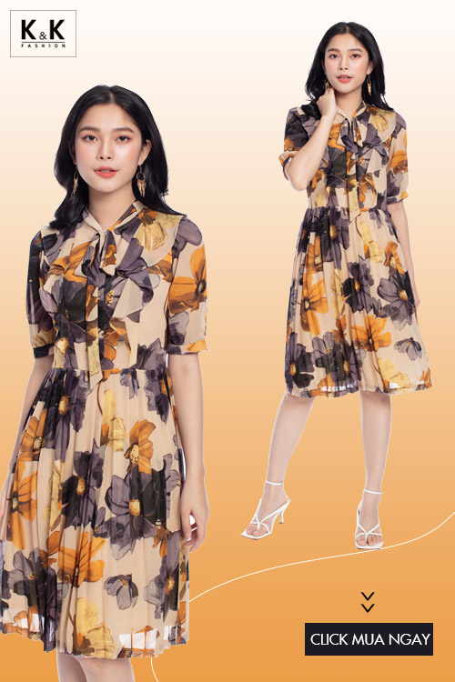 Váy xòe hoa xếp ly nơ cổ viền bèo KK97-34
