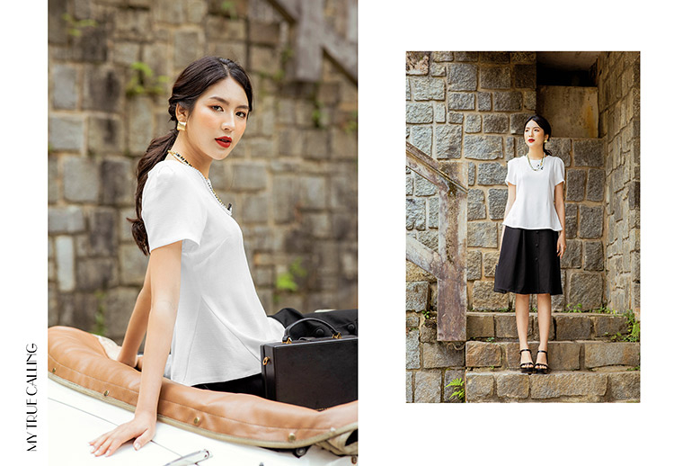 Áo kiểu nữ đẹp màu trắng + Chân váy xòe đen