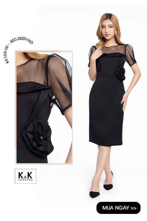 Đầm đen ôm body phối lưới đính nơ eo KK103-06