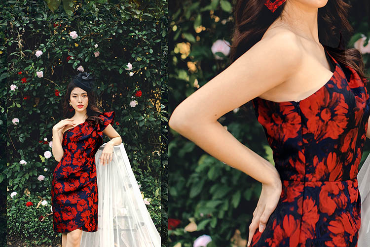 Đầm hoa dự tiệc lệch vai tay phồng KK104-17