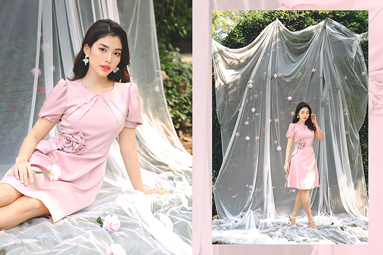 Đầm xòe dự tiệc đính hoa eo KK101-32