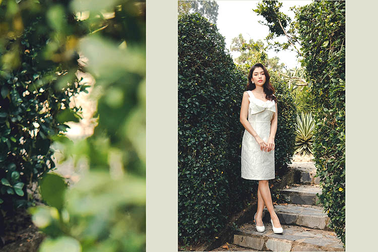 Đầm trắng form chữ A sát nách phối nơ HL15-20