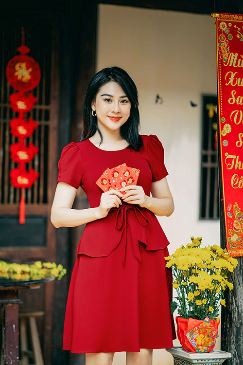 Đầm xòe peplum eo phối nơ KK103-09