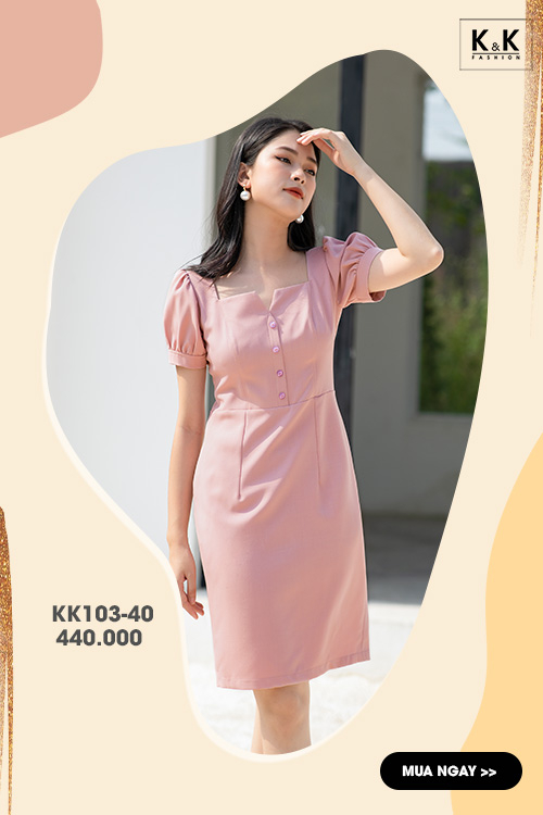 Đầm chữ A cổ vuông phối nút KK103-40