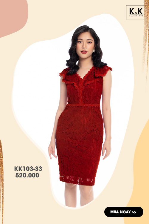 Đầm tiệc ren đỏ dáng ôm tay hến KK103-33