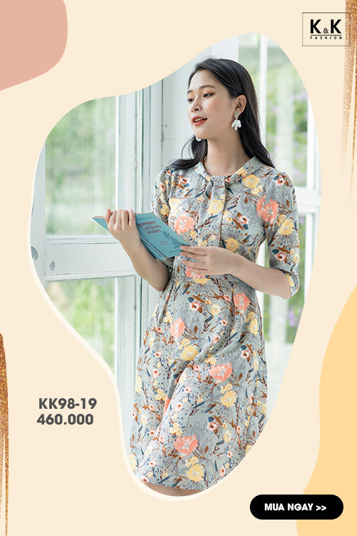 Đầm xòe họa tiết hoa tay lỡ KK98-19
