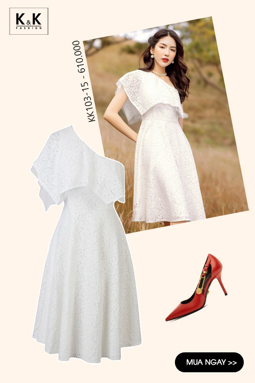 Đầm lệch vai dáng xòe màu trắng HL15-13