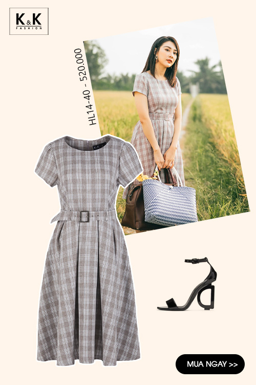 Đầm xòe caro phối thắt lưng HL14-40