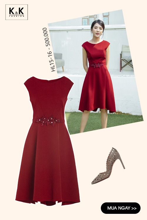 Đầm đỏ dự tiệc dáng xòe nhấn eo HL15-16