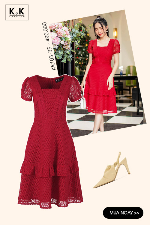 Đầm đỏ dáng xòe tùng váy viền bèo KK103-35