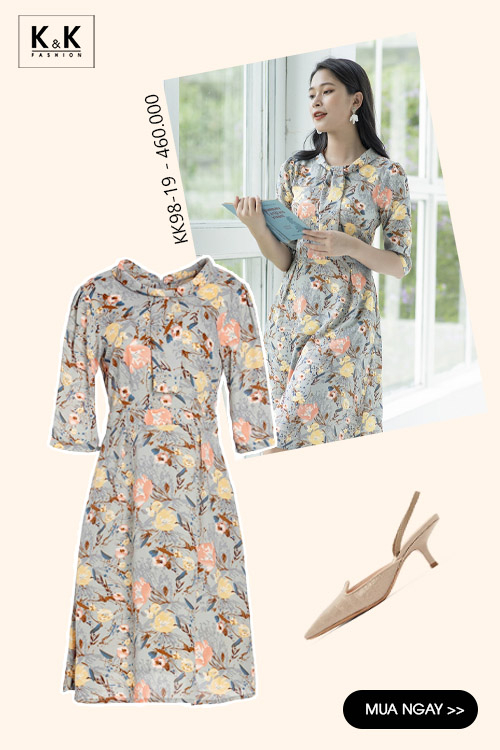 Đầm xòe họa tiết hoa tay lỡ KK98-19