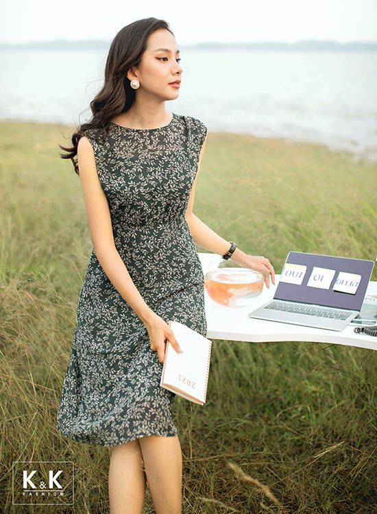 Đầm voan họa tiết dáng chữ A KK104-27