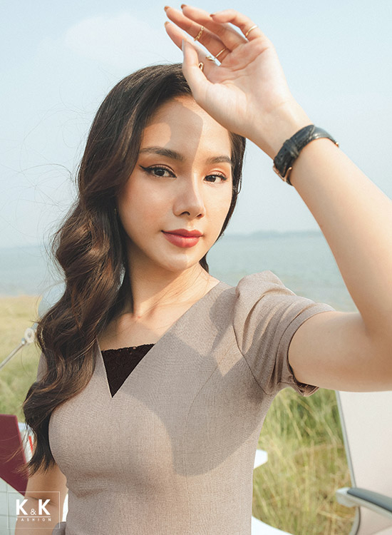 Đầm caro dáng chữ A nhấn eo KK102-05