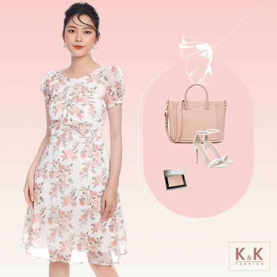 Đầm voan hoa xòe phối nơ ngực KK105-04
