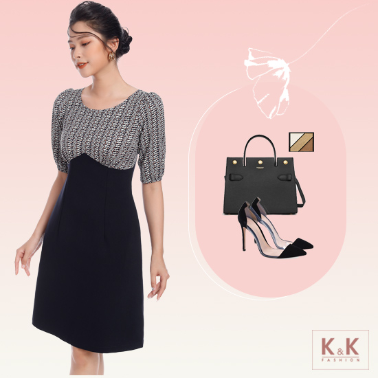 Đầm liền chữ A phối họa tiết tay lỡ KK104-28