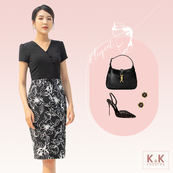 Đầm liền công sở phối họa tiết cổ V KK96-03