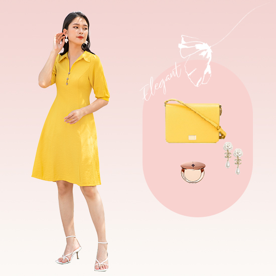 Đầm xòe tay lỡ cổ sơ mi đính nút KK104-15