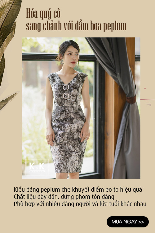 Đầm hoa peplum cổ V đính nơ KK104-37