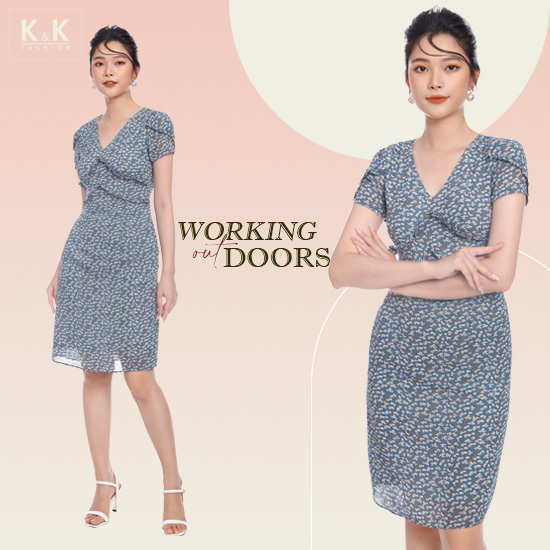 Đầm voan hoa nhí dáng chữ A cổ V KK105-02