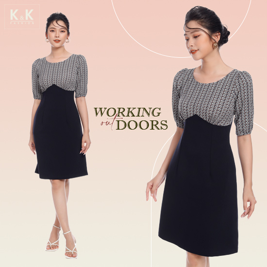 Đầm liền chữ A phối họa tiết tay lỡ KK104-28