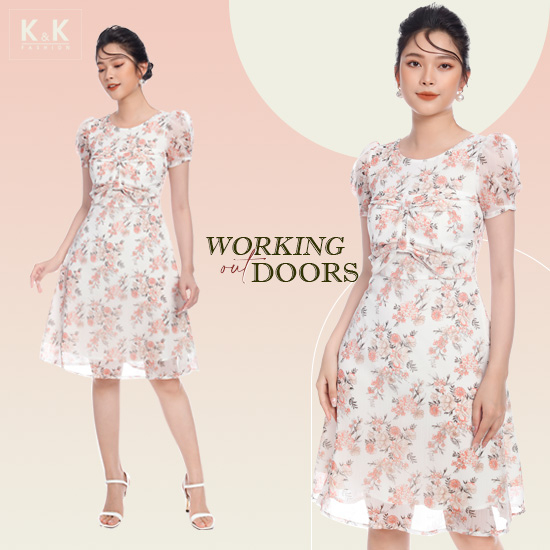 Đầm voan hoa xòe phối nơ ngực KK105-04