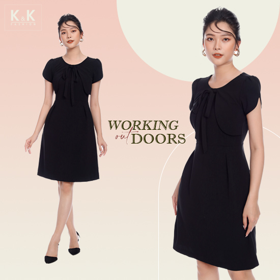Đầm đen chữ A tay ngắn cổ tròn phối nơ KK104-10