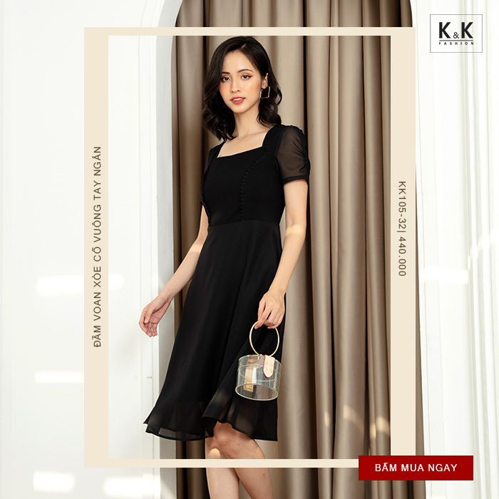 Đầm đen chữ A sát nách phối đăng-ten KK105-35