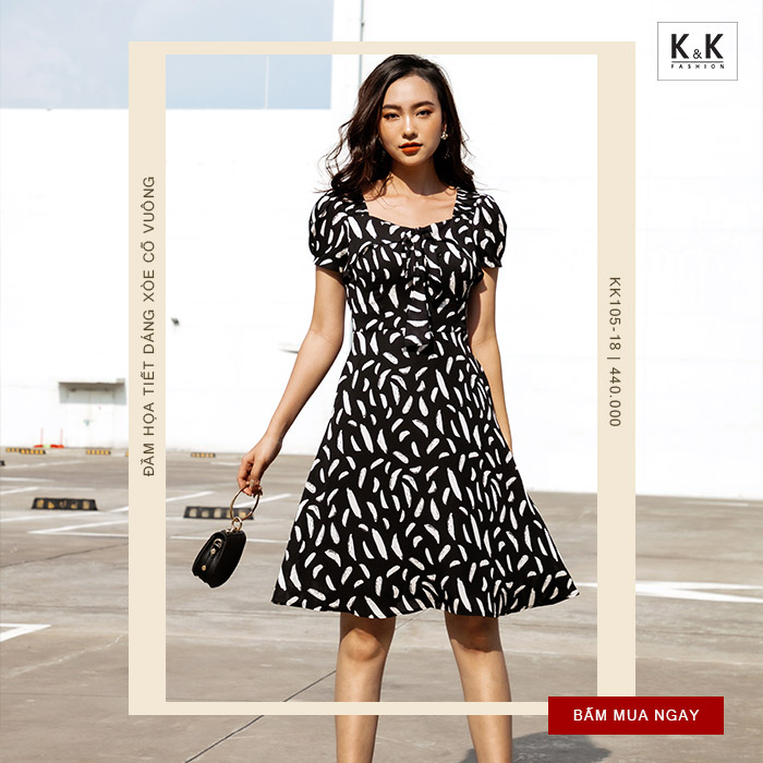 Đầm họa tiết dáng xòe cổ vuông