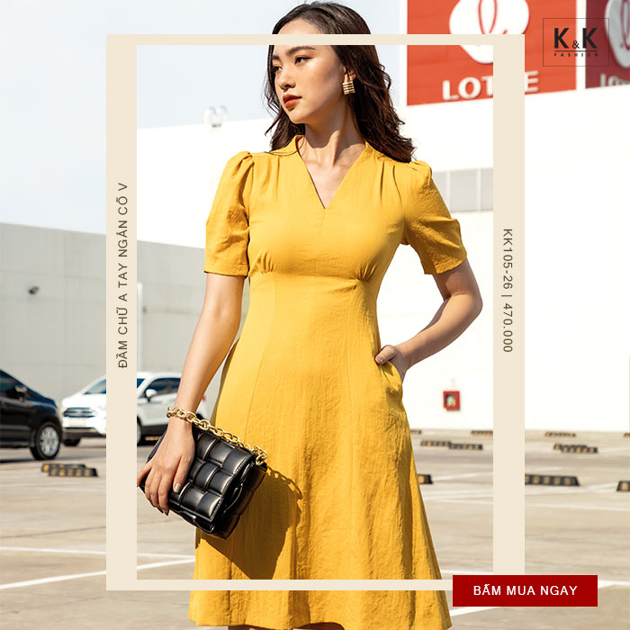 Đầm chữ A tay ngắn cổ V KK105-26