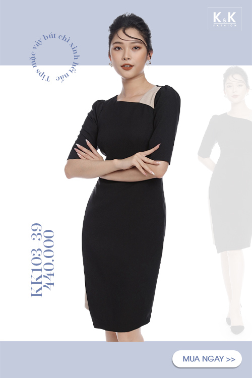 Váy bút chì đen dài qua gối KK103-39