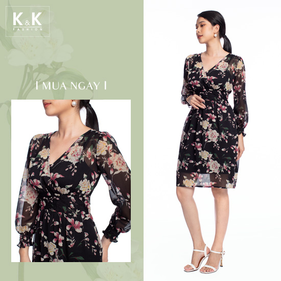 Đầm xòe tay dài họa tiết hoa HL16-06