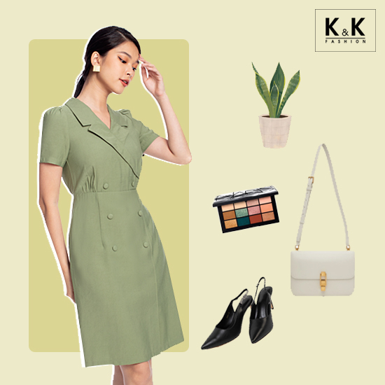 Đầm chữ A cổ đan tông đính nút KK106-08