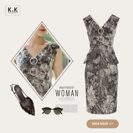 Đầm hoa peplum cổ V đính nơ KK104-37