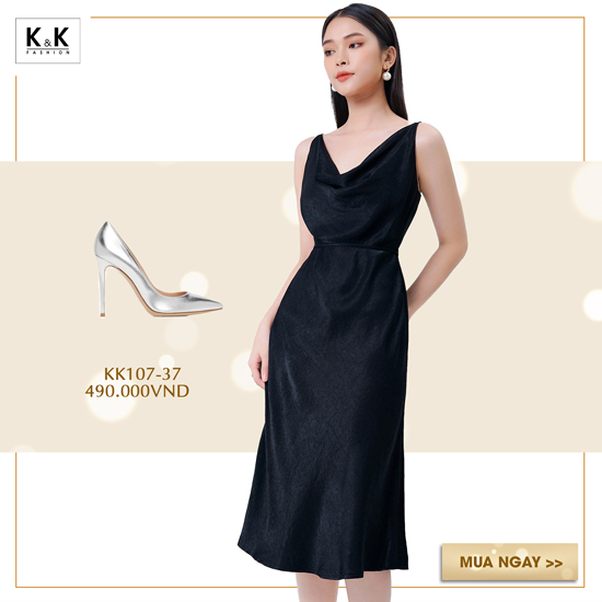 Đầm đen hai dây cổ đổ phối nơ eo KK107-37