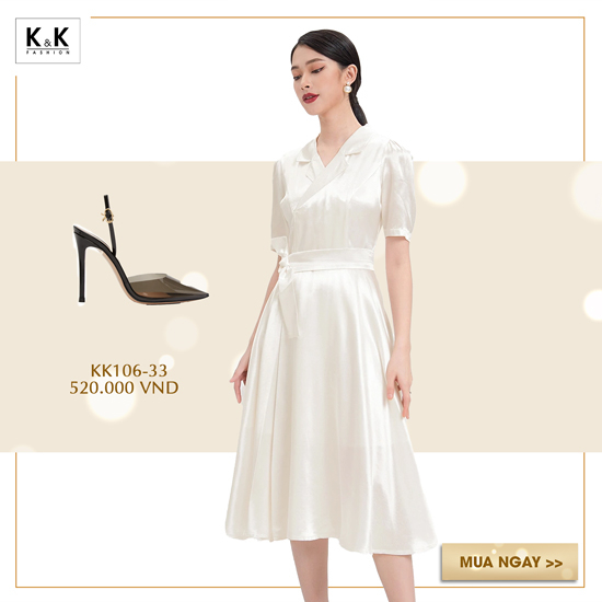Đầm trắng dáng xòe kèm dây nơ eo HL17-15