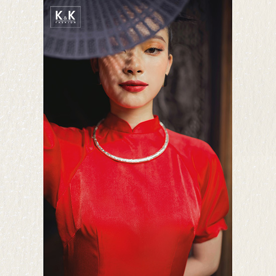 Áo dài đỏ tay phồng HL18-05