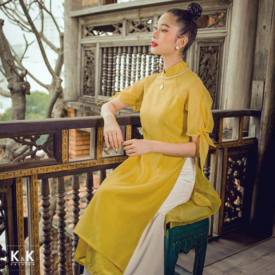 Áo dài vàng cách tân tay phối nơ HL18-03