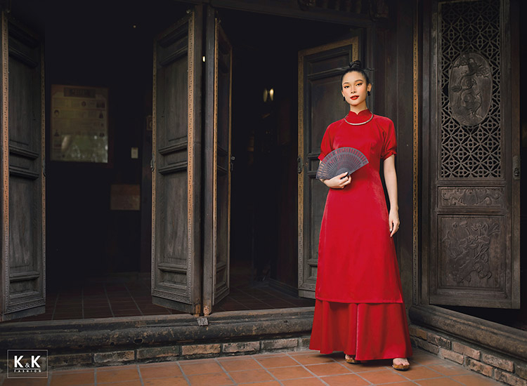 Áo dài đỏ tay phồng HL18-05