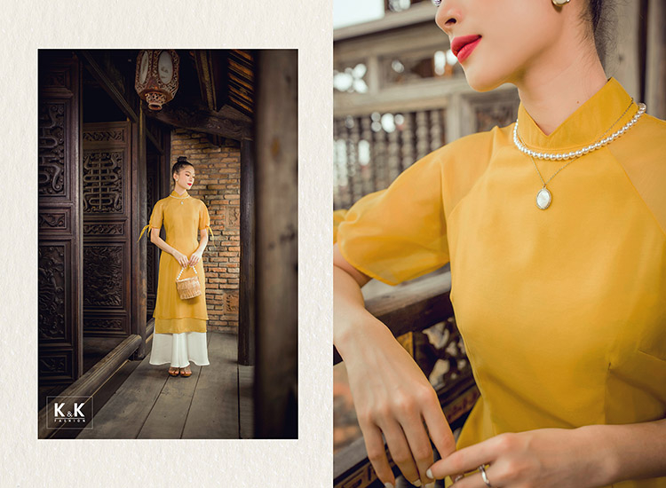 Áo dài vàng cách tân tay phối nơ HL18-03