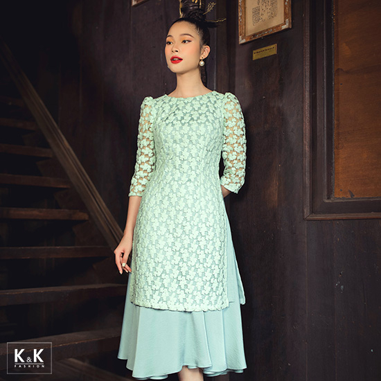 Áo dài cách tân ren thêu tay lỡ HL18-02