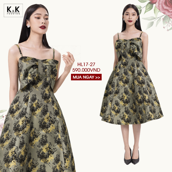 Đầm dự tiệc 2 dây dáng xòe phối nơ HL17-27
