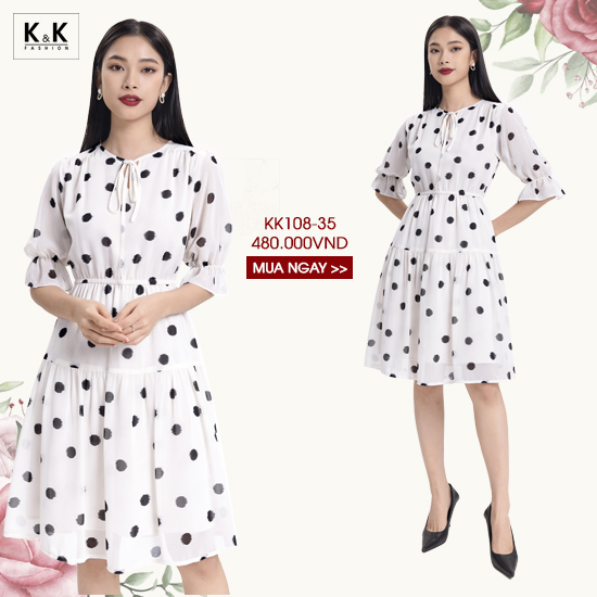 Đầm voan chấm bi dáng xòe tay lỡ KK108-35
