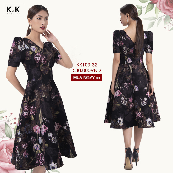 Đầm xòe hoa cổ V eo cao KK109-32