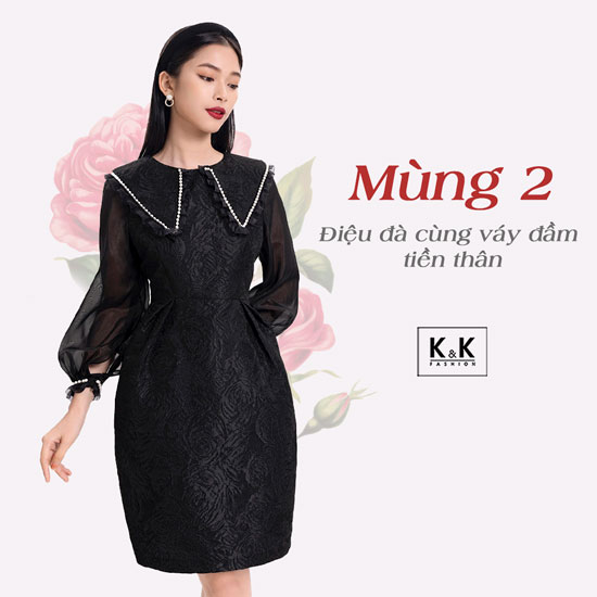 Đầm đen cổ sen tay dài viền ngọc trai KK110-10