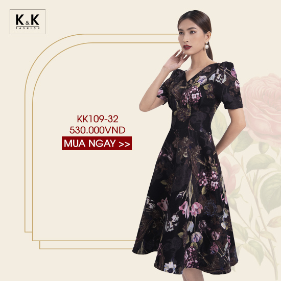 Đầm xòe hoa cổ V eo cao KK109-32