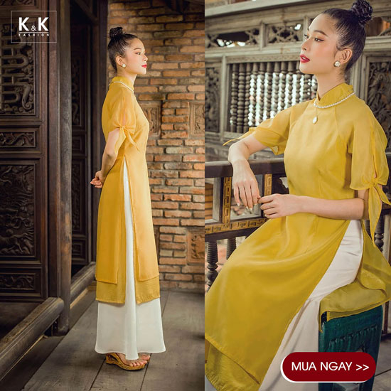 Áo dài vàng cách tân tay phối nơ HL18-03